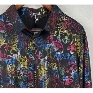 ZEROYAA Men's Metallic On Black Printed XL LongSleeve Button Dress Shirt Rainbow